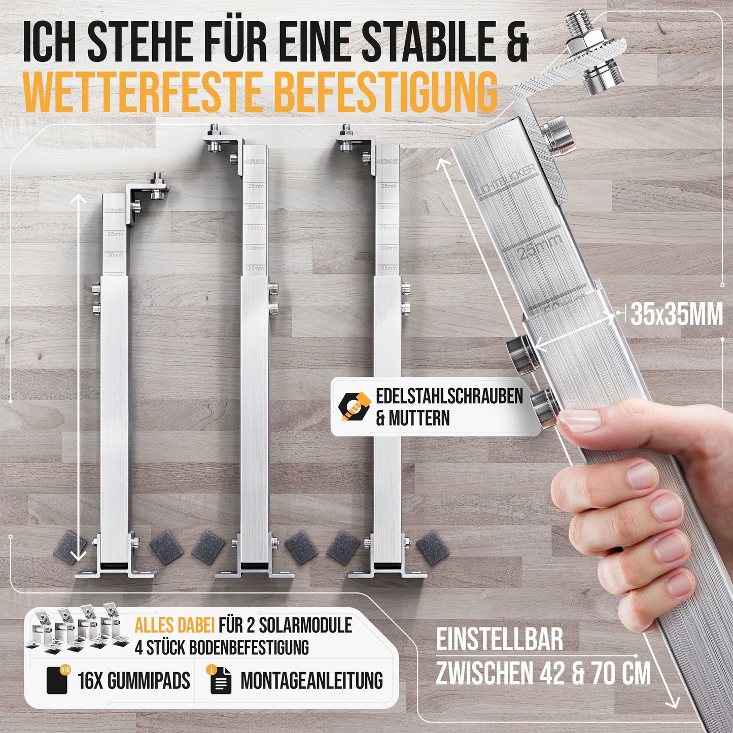 4x Balkonkraftwerk Halterung verstellbar 42 bis 70cm Alu | Edelstahlschrauben | für 2x Photovoltaikmodule
