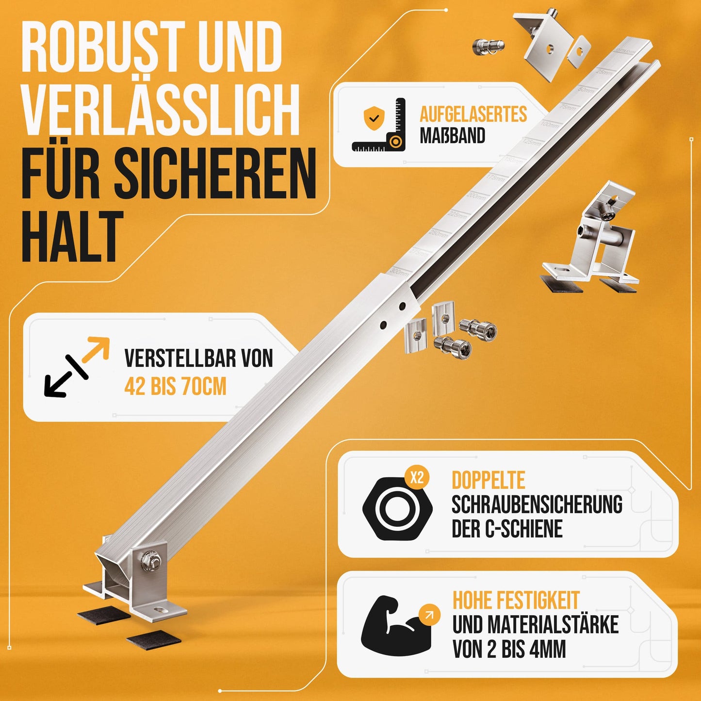 4x Balkonkraftwerk Halterung verstellbar 42 bis 70cm Alu | Edelstahlschrauben | für 2x Photovoltaikmodule