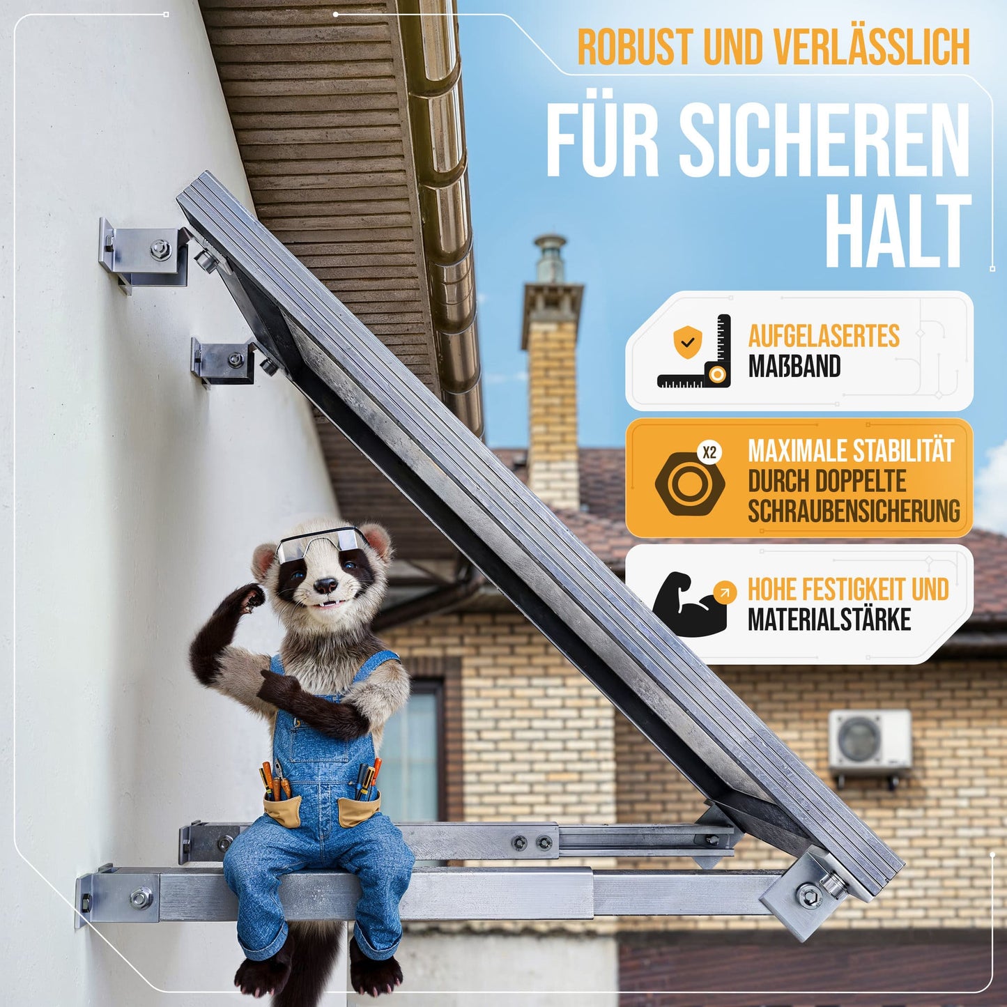 4x Balkonkraftwerk Halterung verstellbar 42 bis 70cm Alu | Edelstahlschrauben | für 2x Photovoltaikmodule