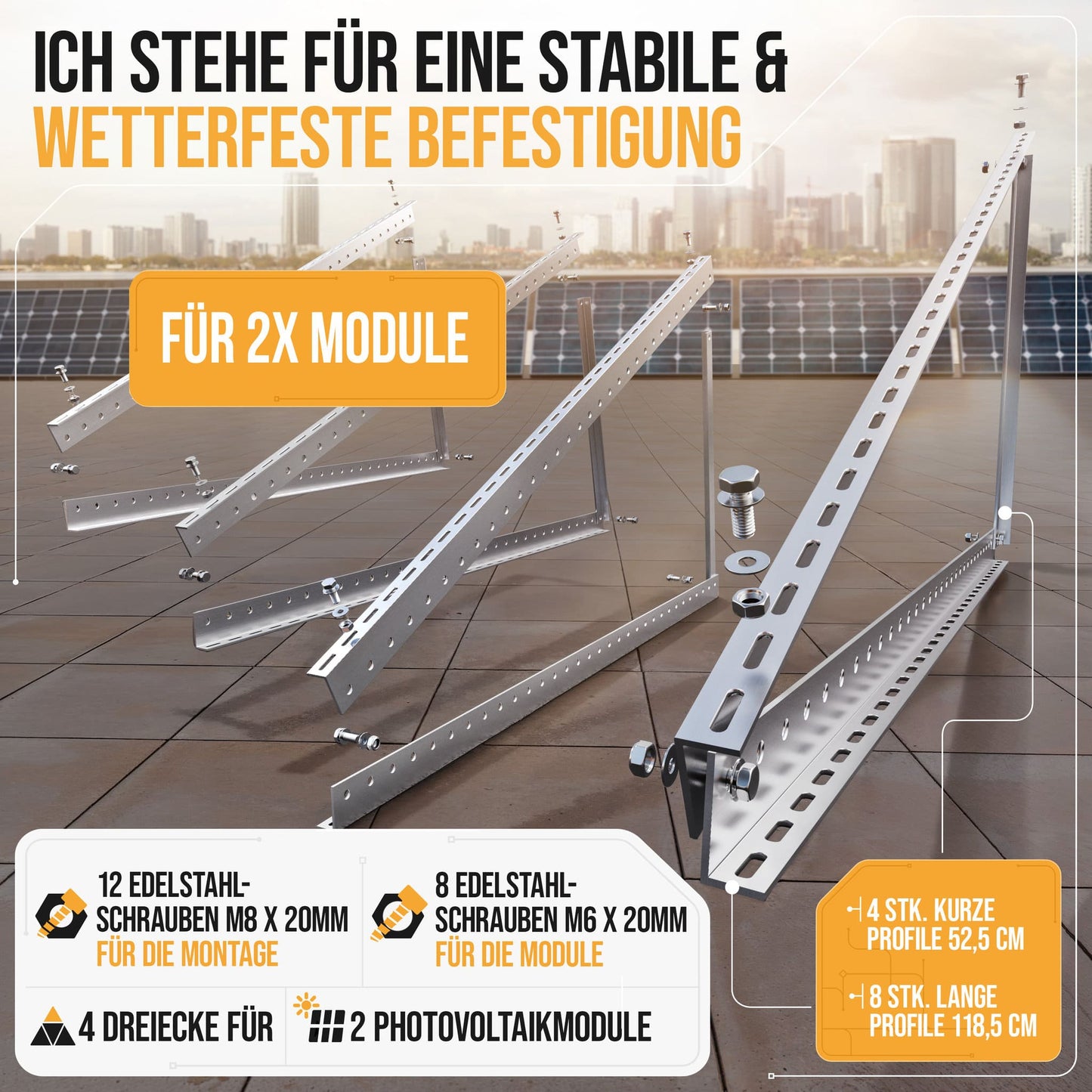 4x Balkonkraftwerk Halterung 118 cm Alu - 3 mm stark - bis 200 kg belastbar - Edelstahlschrauben - für 2x Photovoltaikmodule