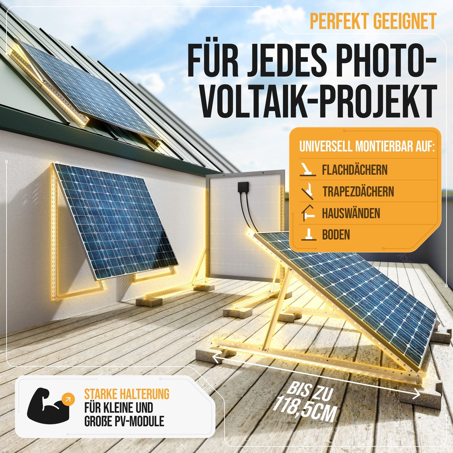 4x Balkonkraftwerk Halterung 118 cm Alu - 3 mm stark - bis 200 kg belastbar - Edelstahlschrauben - für 2x Photovoltaikmodule
