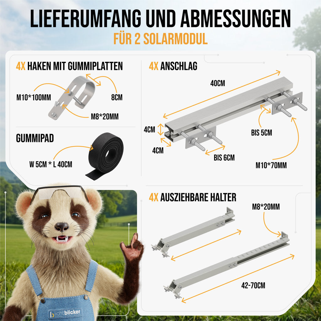 4x Balkonkraftwerk Geländer Halterung | Für 2 Solarmodule | Passend für alle Modulgrößen | Verstellbar bis 70 cm | Aluminium & Edelstahl | 0 % MwSt.