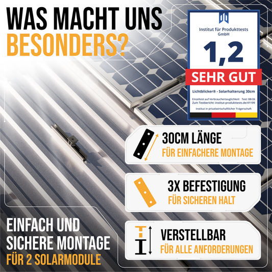 Balkonkraftwerk Halterung 30cm Schiene für 2 Stück Solarmodule. Klemmen für 30 bis 45mm Modulhöhe. 0%MwSt