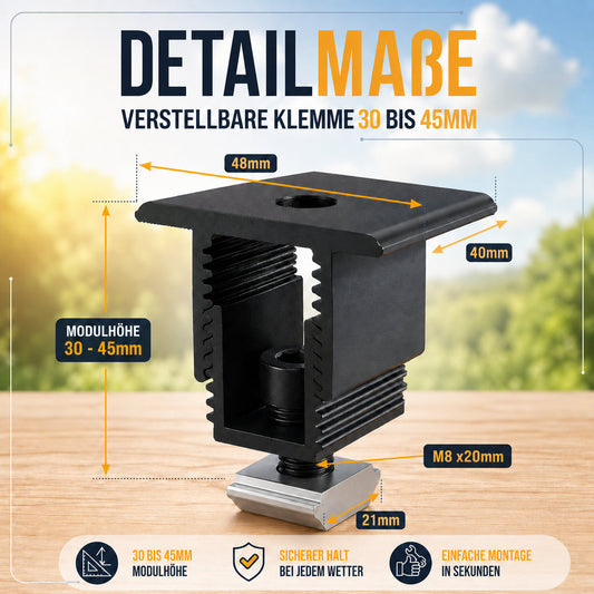 2x Mittelklemme für Solarmodul Halterung 30cm Schiene. 30-45mm Modulhöhe. Edelstahlschraube und Aluminium. Perfekt für Trapezbleche, Hauswand, Balkonkraftwerk. PV. 0%MwSt