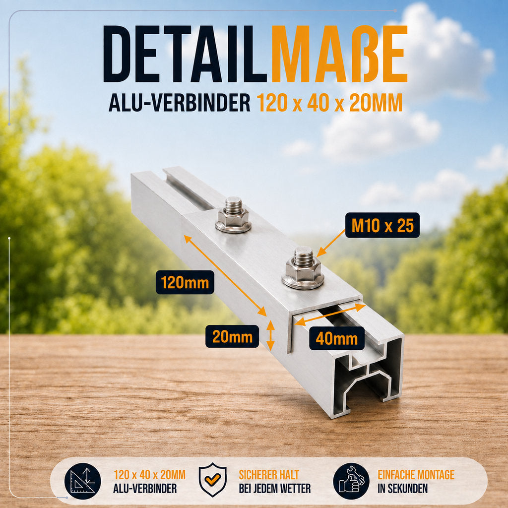 2x Verbinder für Schiene Solarhalterung Ziegeldach. Schiene 40x40mm. Edelstahlschraube und Aluminium. Dachhalterungen Solar Balkonkraftwerk Dachhaken PV Halter 0% MwSt