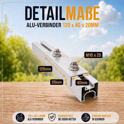 2x Verbinder für Schiene Solarhalterung Ziegeldach. Schiene 40x40mm. Edelstahlschraube und Aluminium. Dachhalterungen Solar Balkonkraftwerk Dachhaken PV Halter 0% MwSt