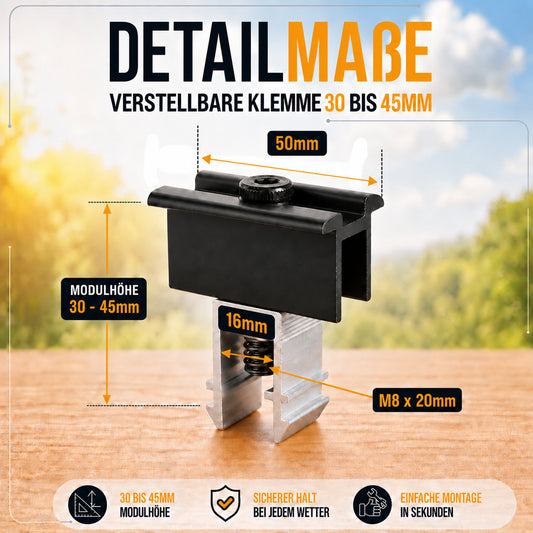 2x Mittelklemme für Solarhalterung Ziegeldach. Modulhöhe 30-45mm. Edelstahlschraube und Aluminium. Dachhalterungen Solar Balkonkraftwerk Dachhaken PV Halter 0% MwSt