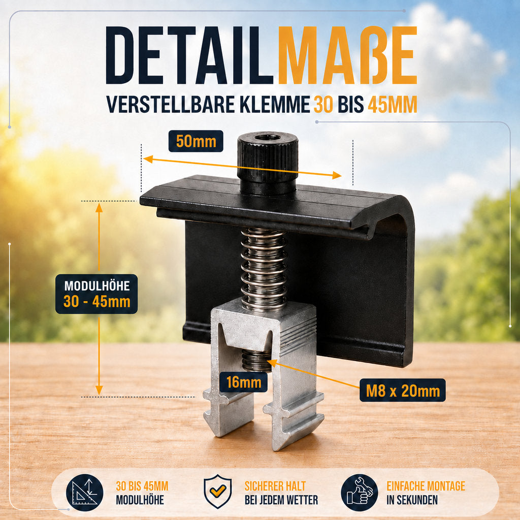 2x Endklemme für Solarhalterung Ziegeldach. Modulhöhe 30-45mm. Edelstahlschraube und Aluminium. Dachhalterungen Solar Balkonkraftwerk Dachhaken PV Halter 0% MwSt