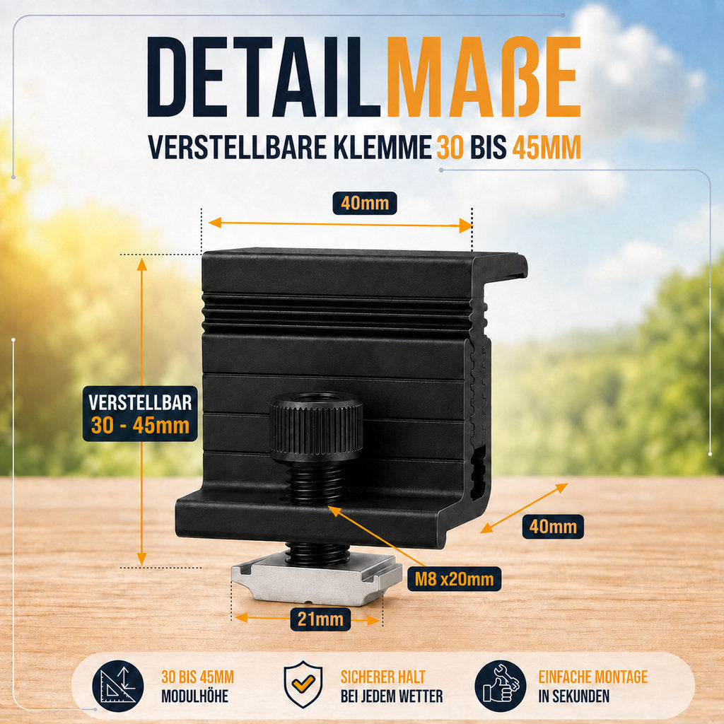 2x Endklemme für Solarmodul Halterung 30cm Schiene. 30-45mm Modulhöhe. Edelstahlschraube und Aluminium. Perfekt für Trapezbleche, Hauswand, Balkonkraftwerk. PV. 0%MwSt