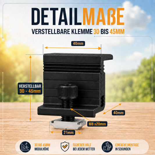 2x Endklemme für Solarmodul Halterung 30cm Schiene. 30-45mm Modulhöhe. Edelstahlschraube und Aluminium. Perfekt für Trapezbleche, Hauswand, Balkonkraftwerk. PV. 0%MwSt