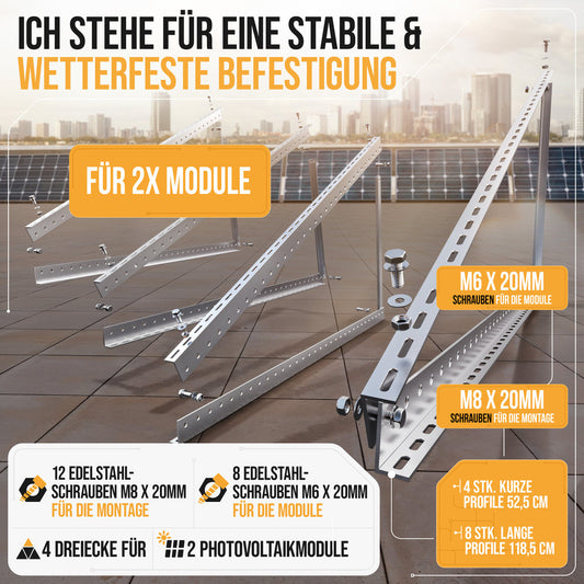 4x Balkonkraftwerk Halterung 118 cm Alu - 3 mm stark - bis 200 kg belastbar - Edelstahlschrauben - für 2x Photovoltaikmodule 0%MwSt