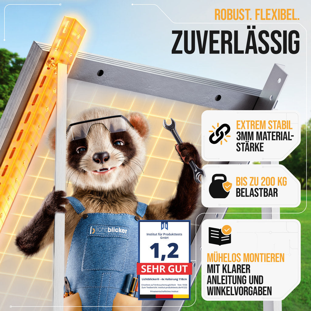 4x Balkonkraftwerk Halterung 118 cm Alu - 3 mm stark - bis 200 kg belastbar - Edelstahlschrauben für 2x Photovoltaikmodule 0%MwSt