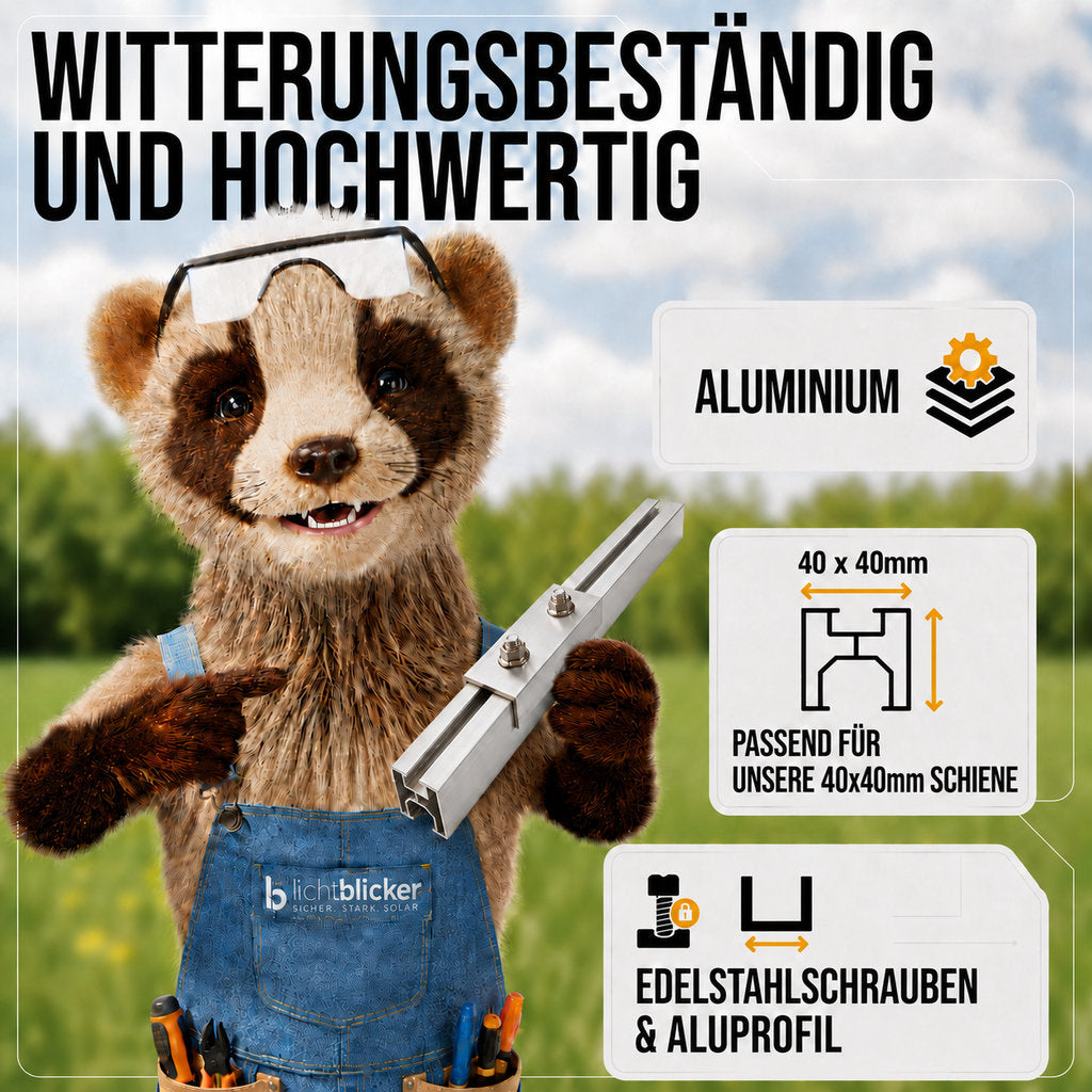 2x Verbinder für Schiene Solarhalterung Ziegeldach. Schiene 40x40mm. Edelstahlschraube und Aluminium. Dachhalterungen Solar Balkonkraftwerk Dachhaken PV Halter 0% MwSt
