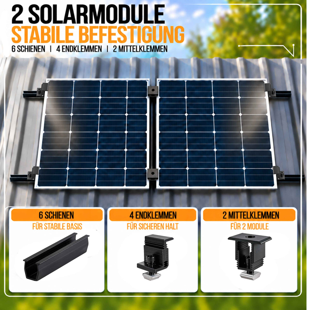Balkonkraftwerk Halterung 30cm Schiene für 2 Stück Solarmodule. Klemmen für 30 bis 45mm Modulhöhe. 0%MwSt