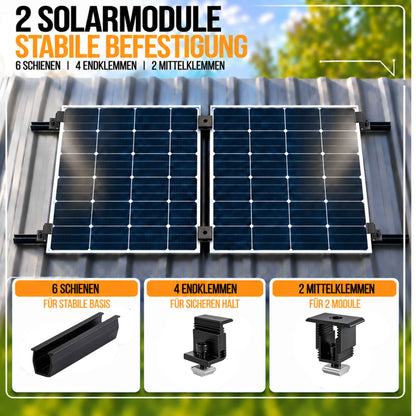 Balkonkraftwerk Halterung 30cm Schiene für 2 Stück Solarmodule. Klemmen für 30 bis 45mm Modulhöhe. 0%MwSt