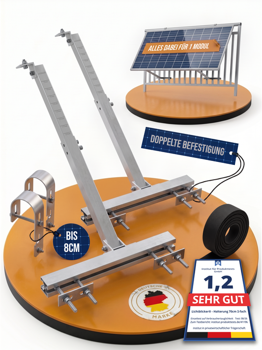 2x Balkonkraftwerk Geländer Halterung | Für 1 Solarmodul | Passend für alle Modulgrößen | Verstellbar bis 70 cm | Aluminium & Edelstahl | 0 % MwSt.