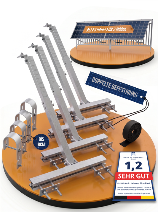 4x Balkonkraftwerk Geländer Halterung | Für 2 Solarmodule | Passend für alle Modulgrößen | Verstellbar bis 70 cm | Aluminium & Edelstahl | 0 % MwSt.