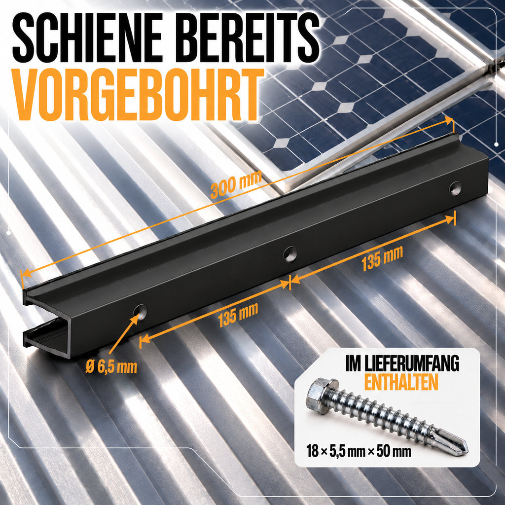 Balkonkraftwerk Halterung 30cm Schiene für 2 Stück Solarmodule. Klemmen für 30 bis 45mm Modulhöhe. 0%MwSt