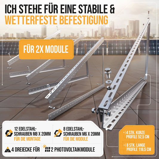 4x Balkonkraftwerk Halterung 118 cm Alu - 3 mm stark - bis 200 kg belastbar - Edelstahlschrauben - für 2x Photovoltaikmodule