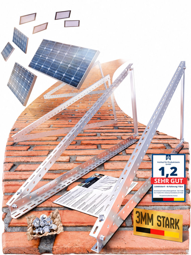 4x Balkonkraftwerk Halterung 118 cm Alu - 3 mm stark - bis 200 kg belastbar - Edelstahlschrauben für 2x Photovoltaikmodule 0%MwSt