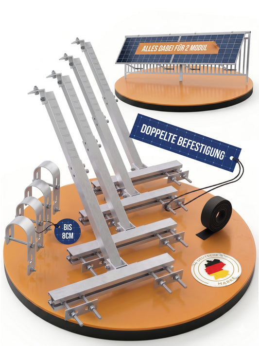 4x Balkonkraftwerk Geländer Halterung | Für 2 Solarmodule | Passend für alle Modulgrößen | Verstellbar bis 70 cm | Aluminium & Edelstahl | 0 % MwSt.