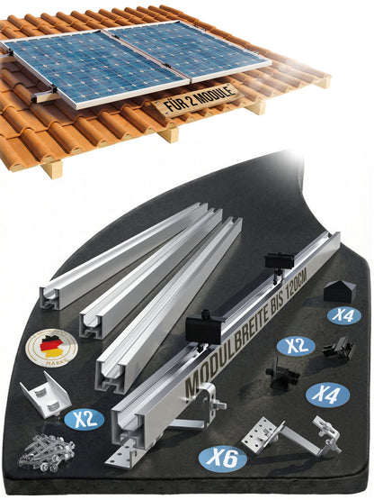 Solarhalterung für Ziegeldach – Set für 2 PV Module (bis 120 cm je Modul) | Edelstahl Dachhaken & Aluminium Schienen | Balkonkraftwerk Montage 0%MwSt