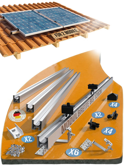 Solarhalterung für Ziegeldach – Set für 2 PV Module (bis 120 cm je Modul) | Edelstahl Dachhaken & Aluminium Schienen | Balkonkraftwerk Montage 0%MwSt