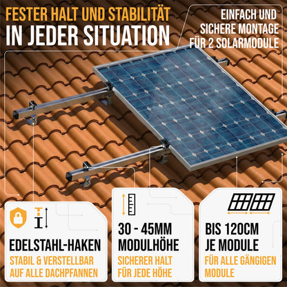 Solarhalterung für Ziegeldach – Set für 2 PV Module (bis 120 cm je Modul) | Edelstahl Dachhaken & Aluminium Schienen | Balkonkraftwerk Montage 0%MwSt
