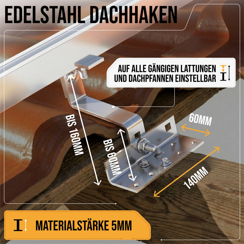 Solarhalterung für Ziegeldach – Set für 2 PV Module (bis 120 cm je Modul) | Edelstahl Dachhaken & Aluminium Schienen | Balkonkraftwerk Montage 0%MwSt