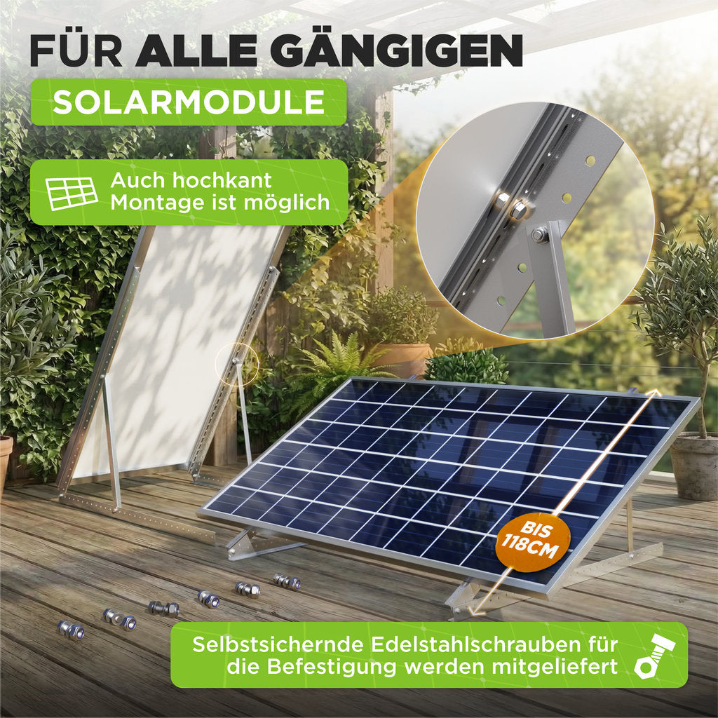 4x Balkonkraftwerk Halterung 118 cm Alu - 3 mm stark - bis 200 kg belastbar - Edelstahlschrauben - für 2x Photovoltaikmodule 0%MwSt