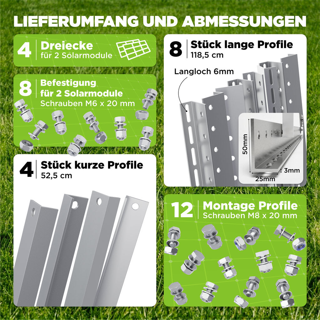 4x Balkonkraftwerk Halterung 118 cm Alu - 3 mm stark - bis 200 kg belastbar - Edelstahlschrauben - für 2x Photovoltaikmodule 0%MwSt