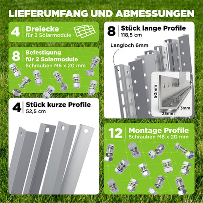 4x Balkonkraftwerk Halterung 118 cm Alu - 3 mm stark - bis 200 kg belastbar - Edelstahlschrauben - für 2x Photovoltaikmodule 0%MwSt