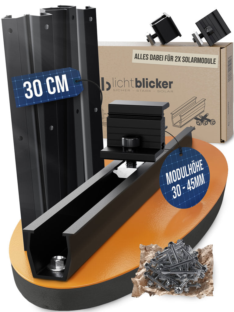 Balkonkraftwerk Halterung 30cm Schiene für 2 Stück Solarmodule. Klemmen für 30 bis 45mm Modulhöhe.