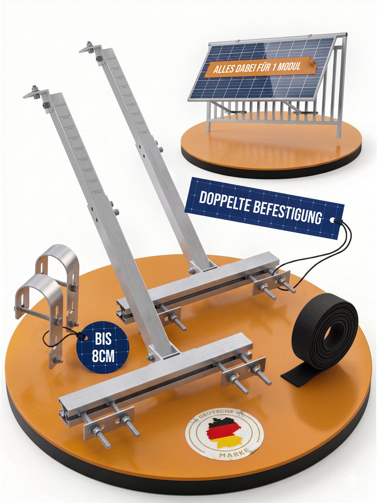 2x Balkonkraftwerk Geländer Halterung | Für 1 Solarmodul | Passend für alle Modulgrößen | Verstellbar bis 70 cm | Aluminium & Edelstahl | 0 % MwSt.
