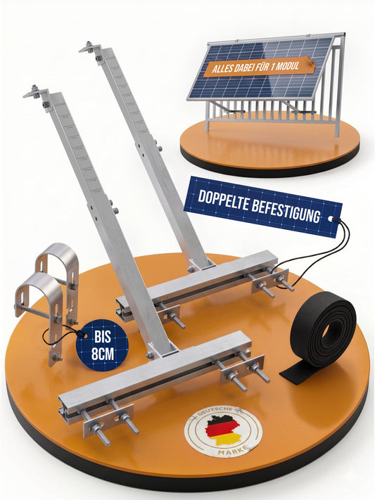 2x Balkonkraftwerk Geländer Halterung | Für 1 Solarmodul | Passend für alle Modulgrößen | Verstellbar bis 70 cm | Aluminium & Edelstahl | 0 % MwSt.
