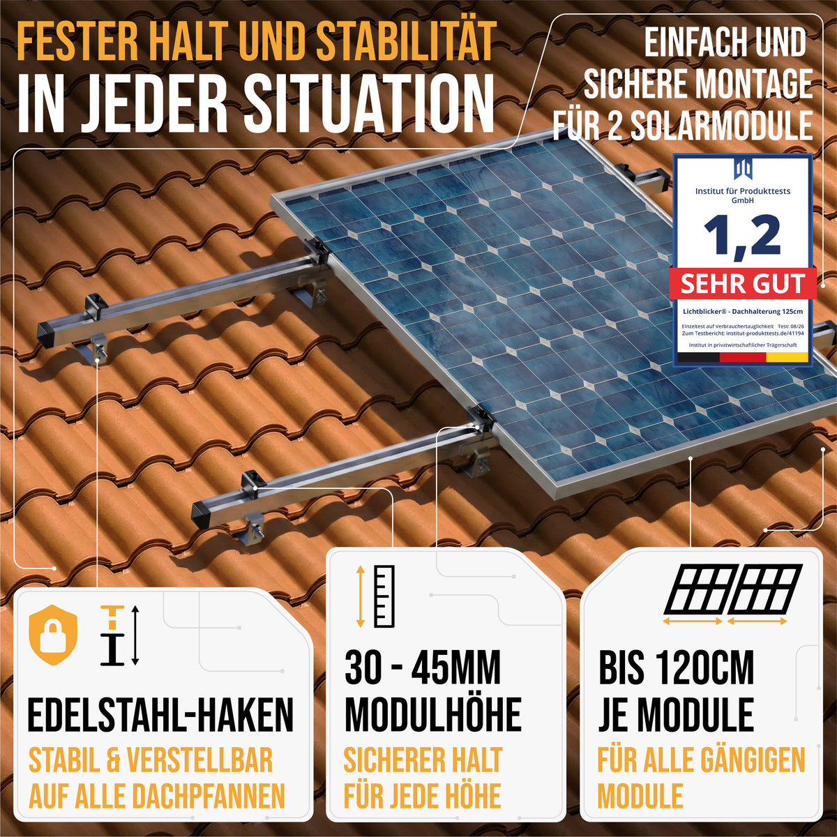 Solarhalterung für Ziegeldach – Set für 2 PV Module (bis 120 cm je Modul) | Edelstahl Dachhaken & Aluminium Schienen | Balkonkraftwerk Montage 0%MwSt
