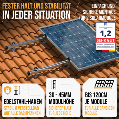 Solarhalterung für Ziegeldach – Set für 2 PV Module (bis 120 cm je Modul) | Edelstahl Dachhaken & Aluminium Schienen | Balkonkraftwerk Montage 0%MwSt
