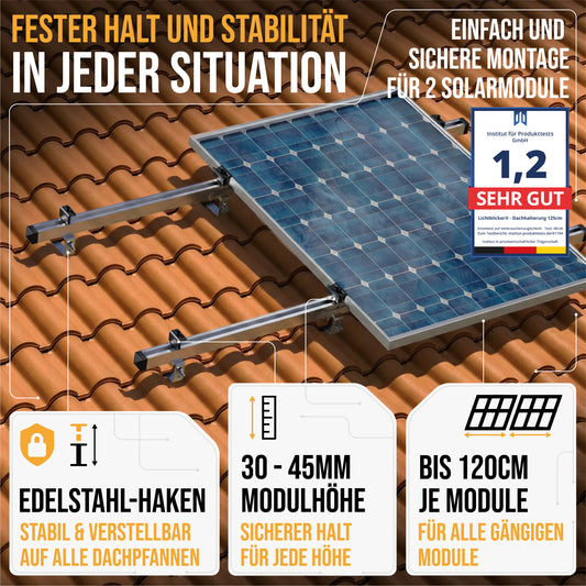 Solarhalterung für Ziegeldach – Set für 2 PV Module (bis 120 cm je Modul) | Edelstahl Dachhaken & Aluminium Schienen | Balkonkraftwerk Montage 0%MwSt