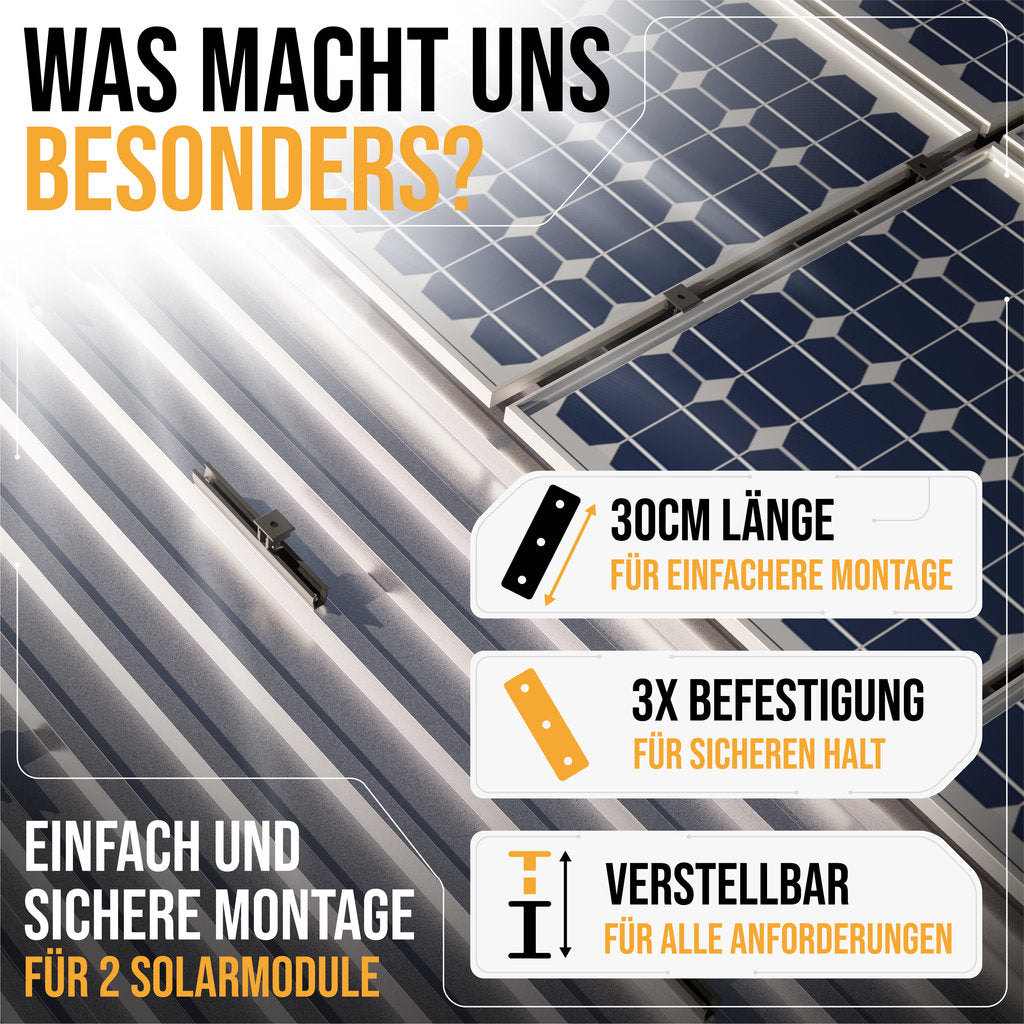 Balkonkraftwerk Halterung 30cm Schiene für 2 Stück Solarmodule. Klemmen für 30 bis 45mm Modulhöhe.