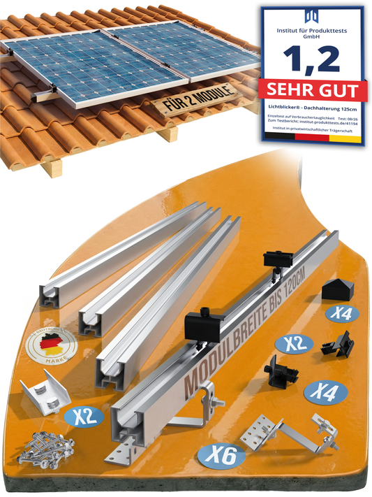 Solarhalterung für Ziegeldach – Set für 2 PV Module (bis 120 cm je Modul) | Edelstahl Dachhaken & Aluminium Schienen | Balkonkraftwerk Montage 0%MwSt