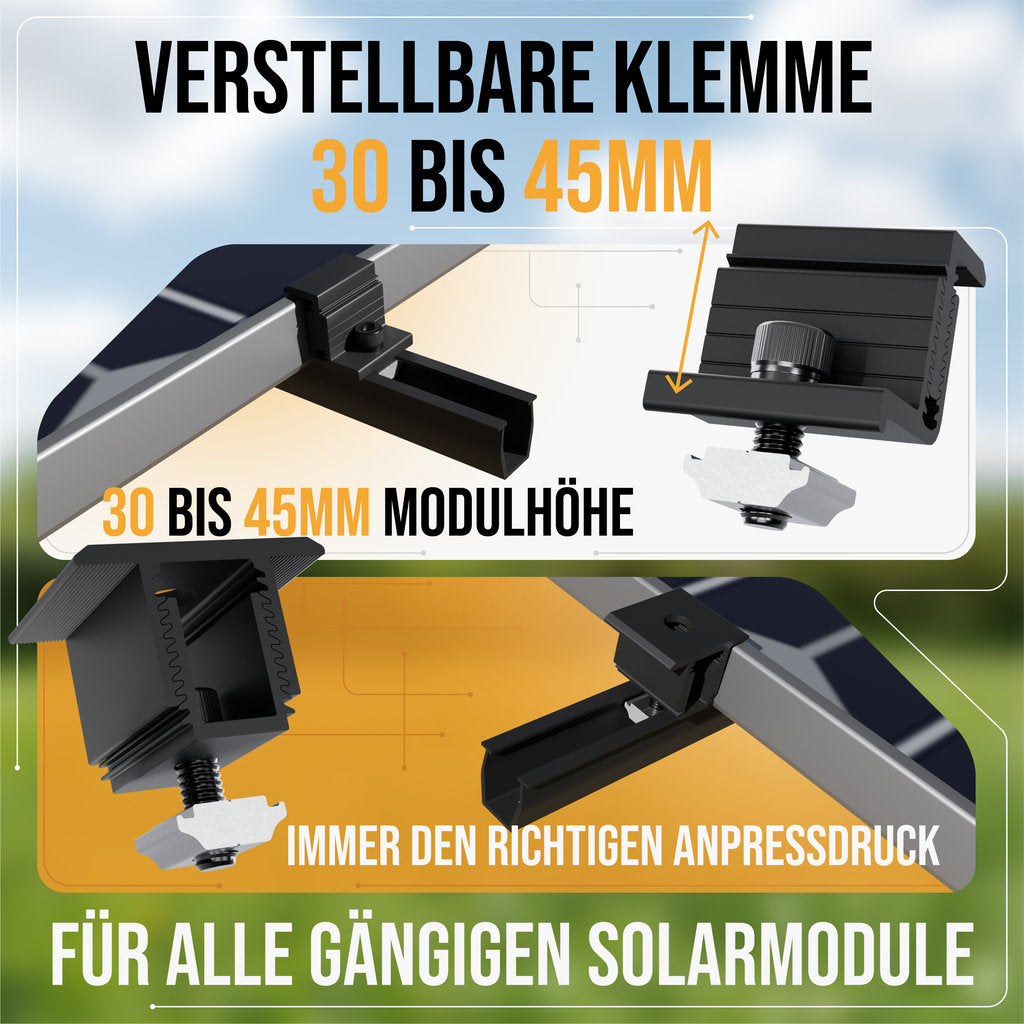 Balkonkraftwerk Halterung 30cm Schiene für 2 Stück Solarmodule. Klemmen für 30 bis 45mm Modulhöhe.