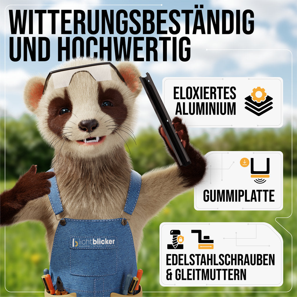 Balkonkraftwerk Halterung 30cm Schiene für 2 Stück Solarmodule. Klemmen für 30 bis 45mm Modulhöhe.