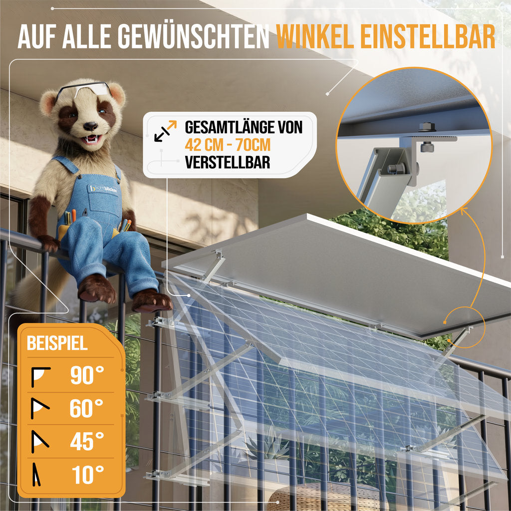 2x Balkonkraftwerk Geländer Halterung | Für 1 Solarmodul | Passend für alle Modulgrößen | Verstellbar bis 70 cm | Aluminium & Edelstahl | 0 % MwSt.