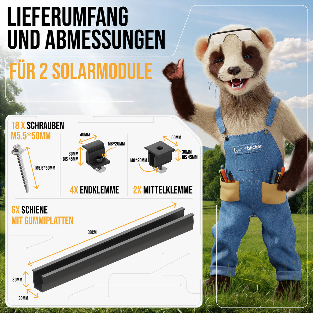 Balkonkraftwerk Halterung 30cm Schiene für 2 Stück Solarmodule. Klemmen für 30 bis 45mm Modulhöhe.